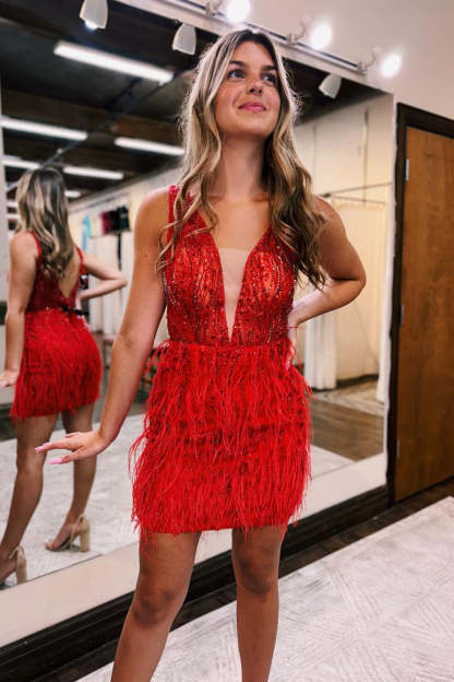 Sparkly Red Beaded Feathered Tight Short Homecoming Dress