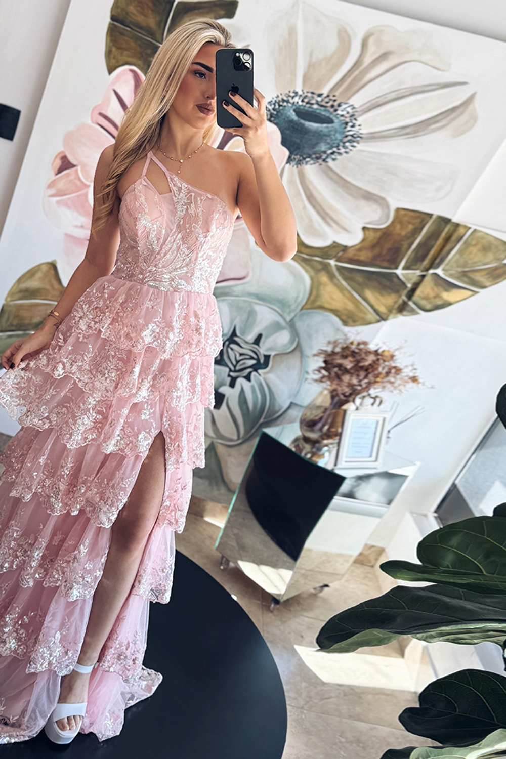 Pink One Shoulder A-Line Tulle Ruffled Long Corset Prom Dress with Appliques