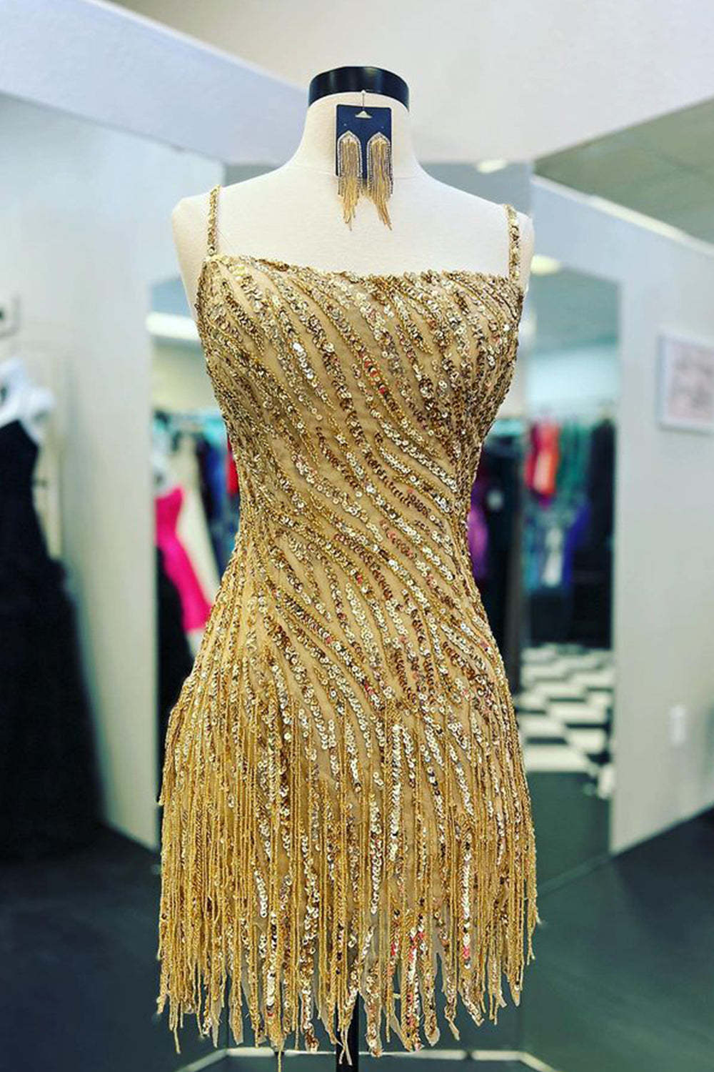 Sparkly Golden Spaghetti Straps Sequins Fringed Tight Short Hoco Dress