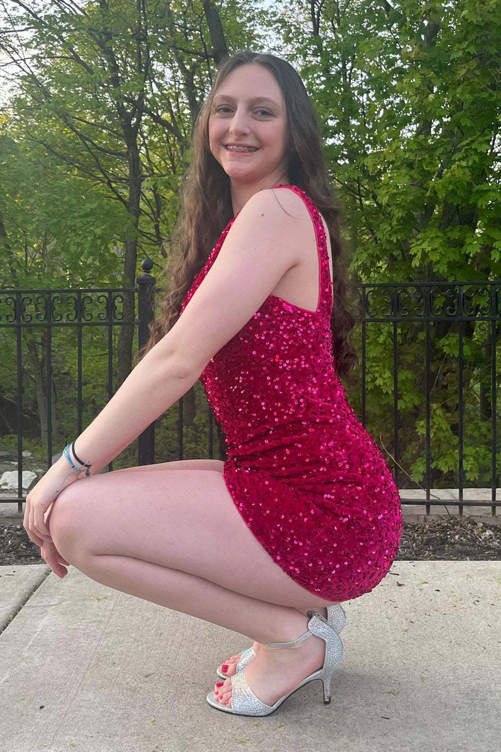 Sparkly Tight Fuchsia Sequins One Shoulder Homecoming Dress