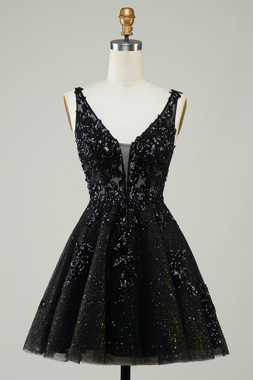 Sparkly Black A-Line Spaghetti Straps Short Homecoming Dress with Sequins