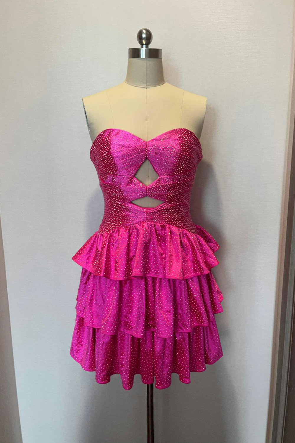 Sparkly Fuchsia A Line Tiered Short Homecoming Dress with Beading