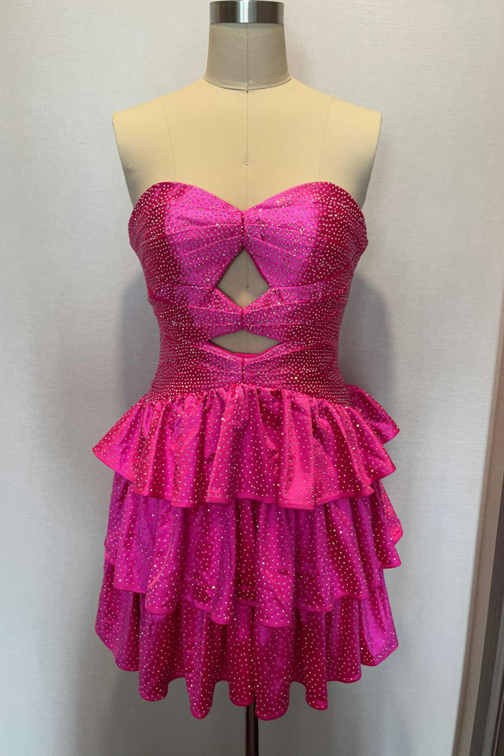 Sparkly Fuchsia A Line Tiered Short Homecoming Dress with Beading