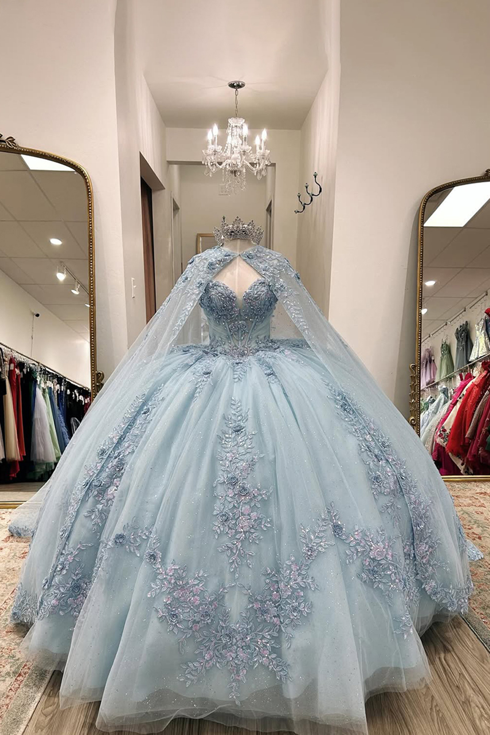 Sparkly Blue Sweetheart Corset Ball Gown Beaded Floral Quinceanera Dress with Appliques