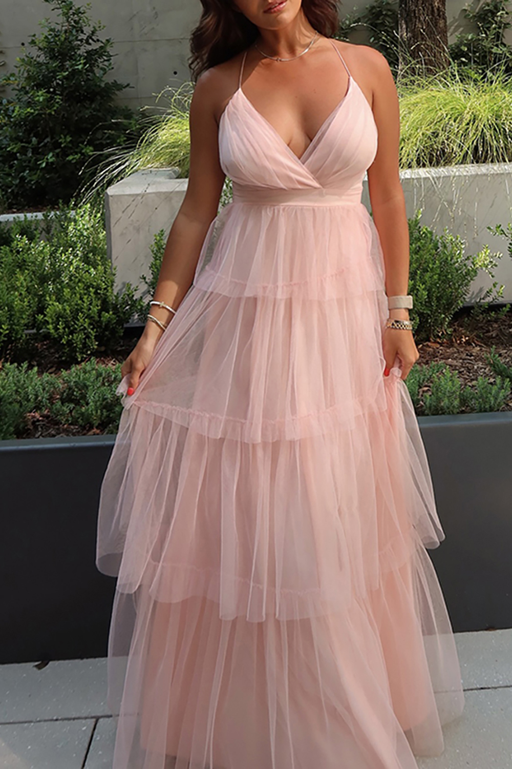 Blush Tulle Halter Tiered A Line Maxi Dress with Ruffles