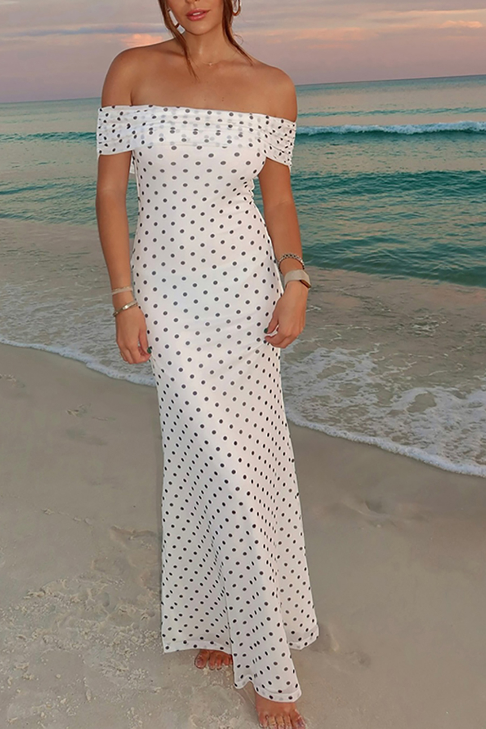 Black and White Dots Off the Shoulder Sheath Maxi Dress