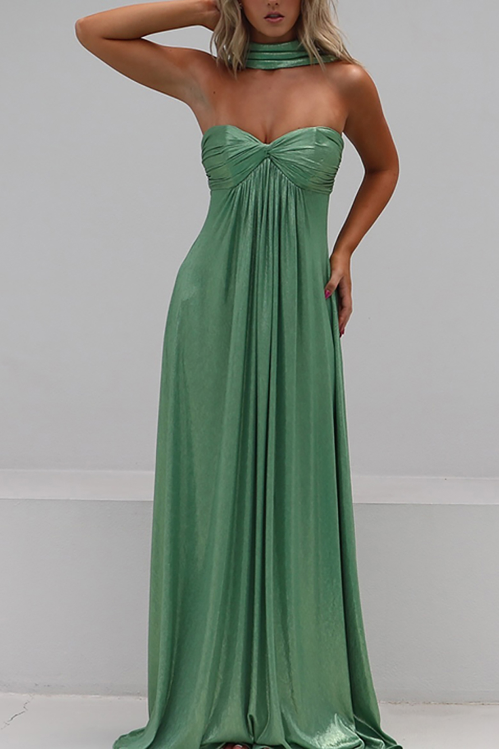Sage Sweetheart Neck Scarf A Line Maxi Dress