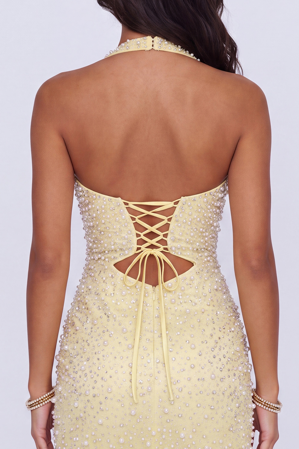 Sparkly Yellow Halter Keyhole Tight Short Homecoming Dress with Pearls