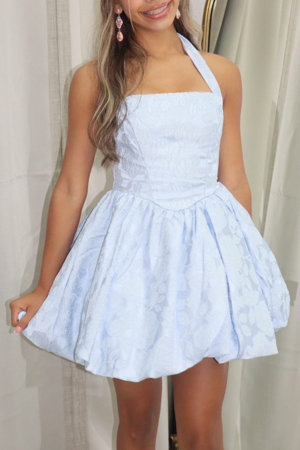 Blue Floral Short A Line Halter Homecoming Dress