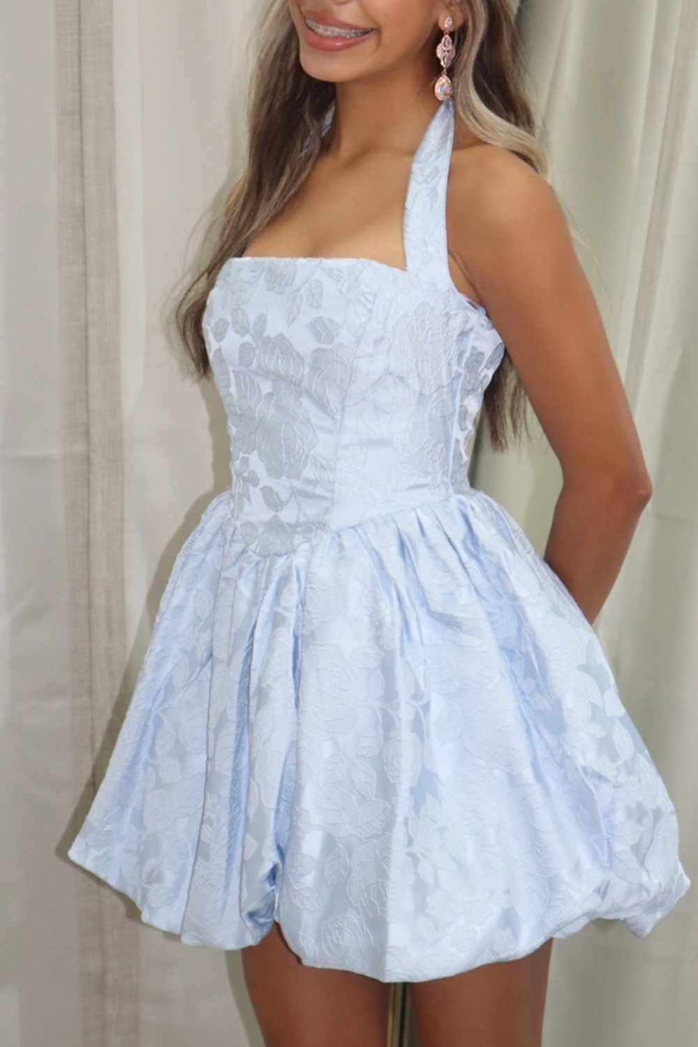 Blue Floral Short A Line Halter Homecoming Dress