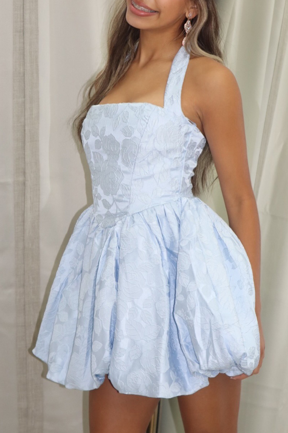 Blue Floral Short A Line Halter Homecoming Dress
