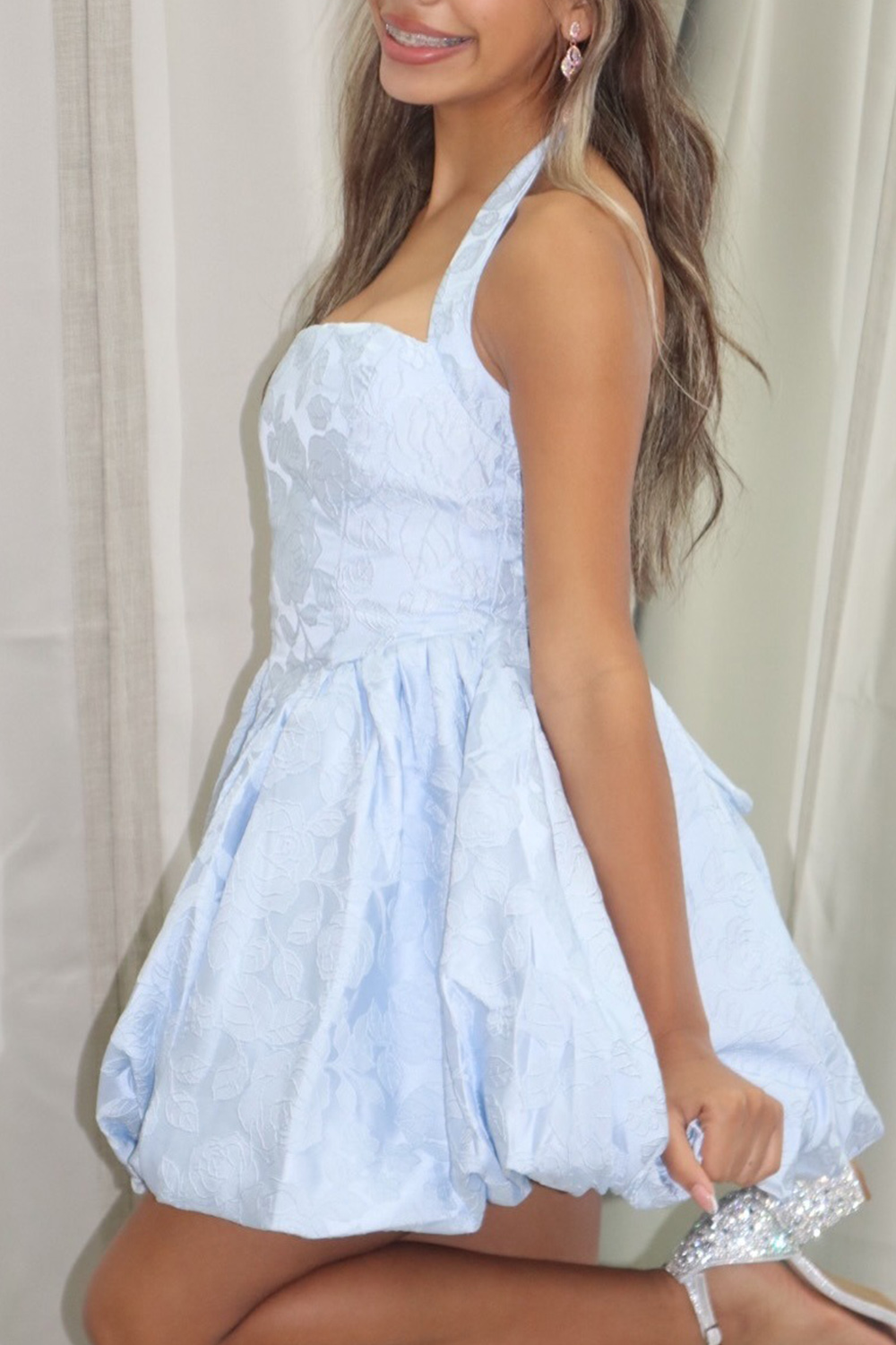 Blue Floral Short A Line Halter Homecoming Dress