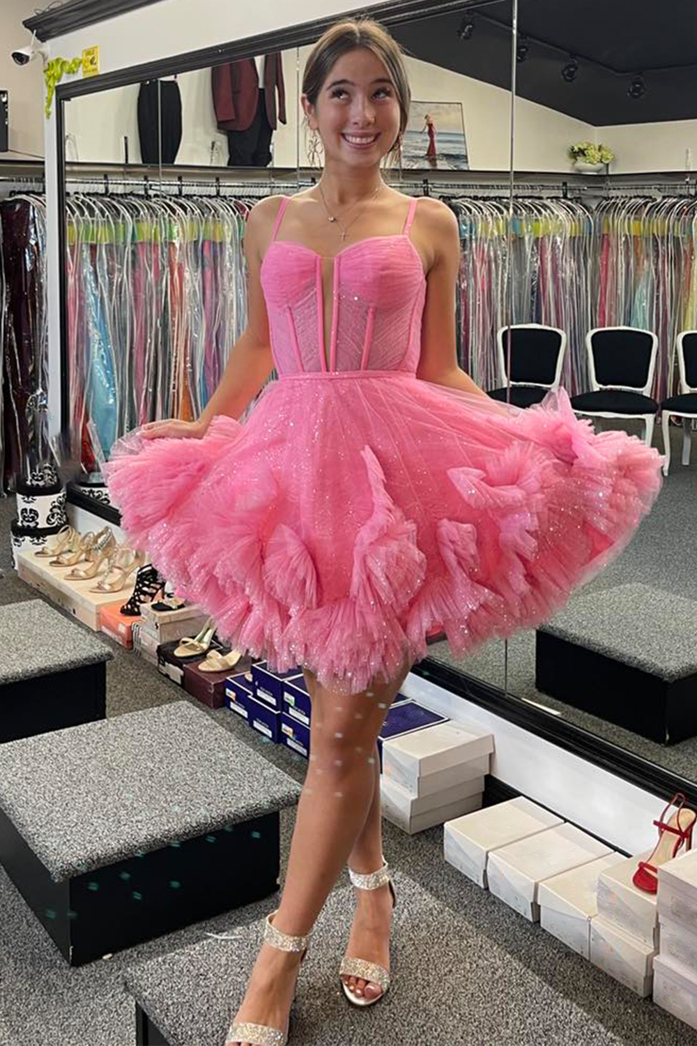 Glitter Pink Corset Tulle A-Line Tulle Short Homecoming Dress with Ruffles