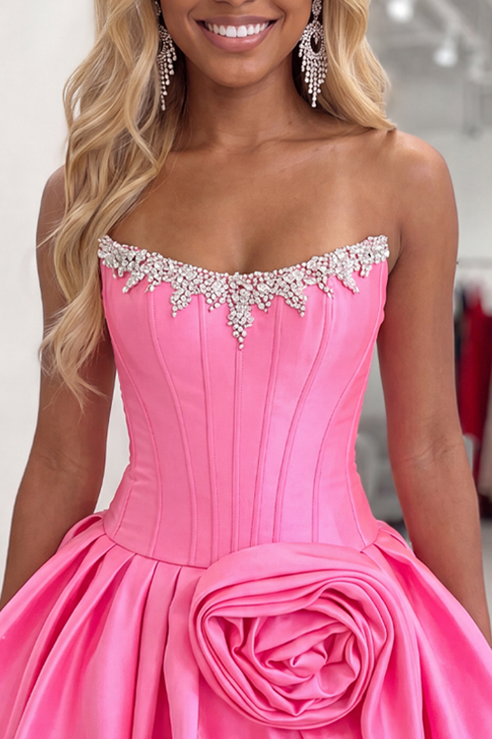 Sparkly Pink A Line Beaded Short Corset Strapless Homecoming Dress with 3D Flower