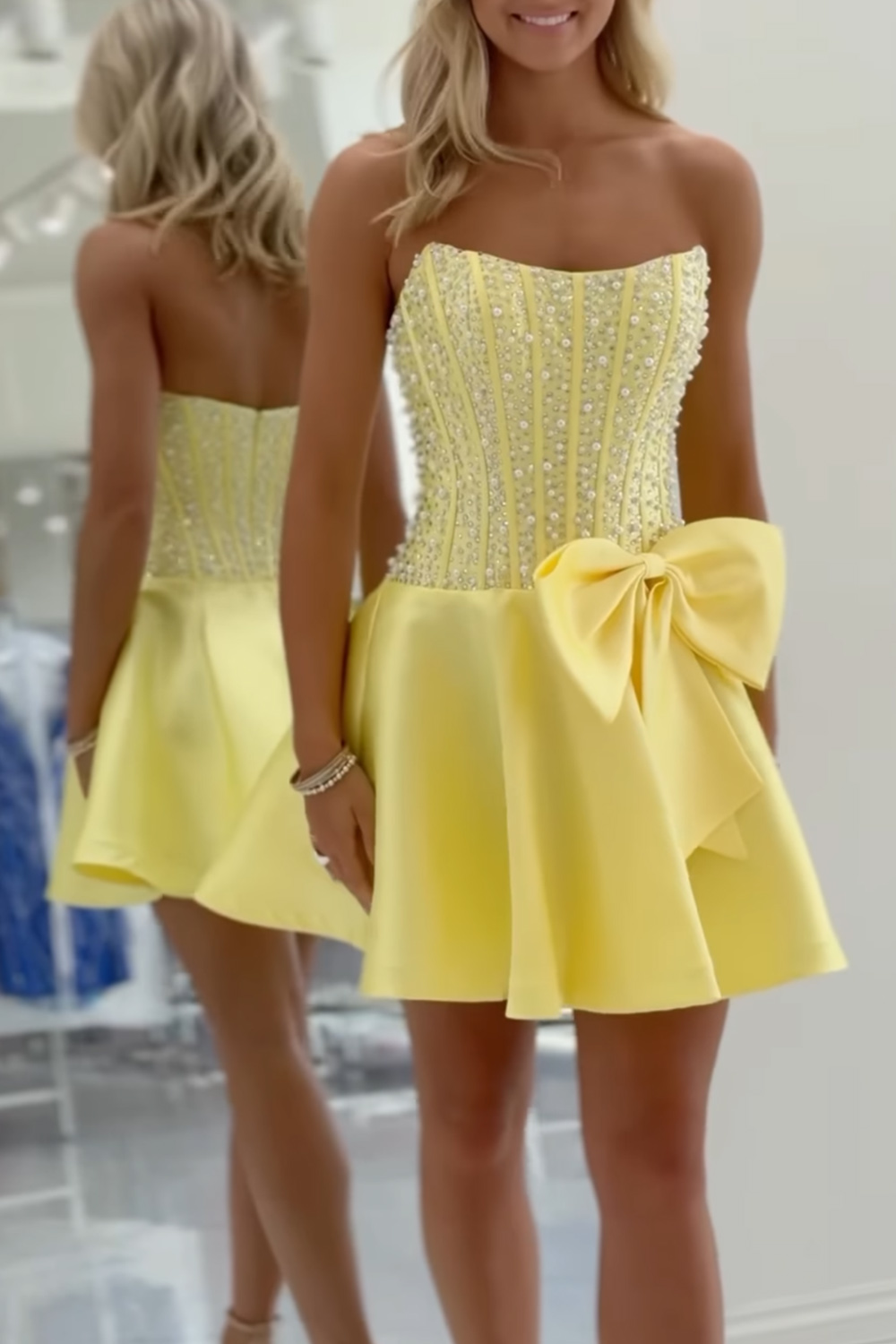 Corset A Line Sparkly Yellow Short Strapless Homecoming Dress with Pearls