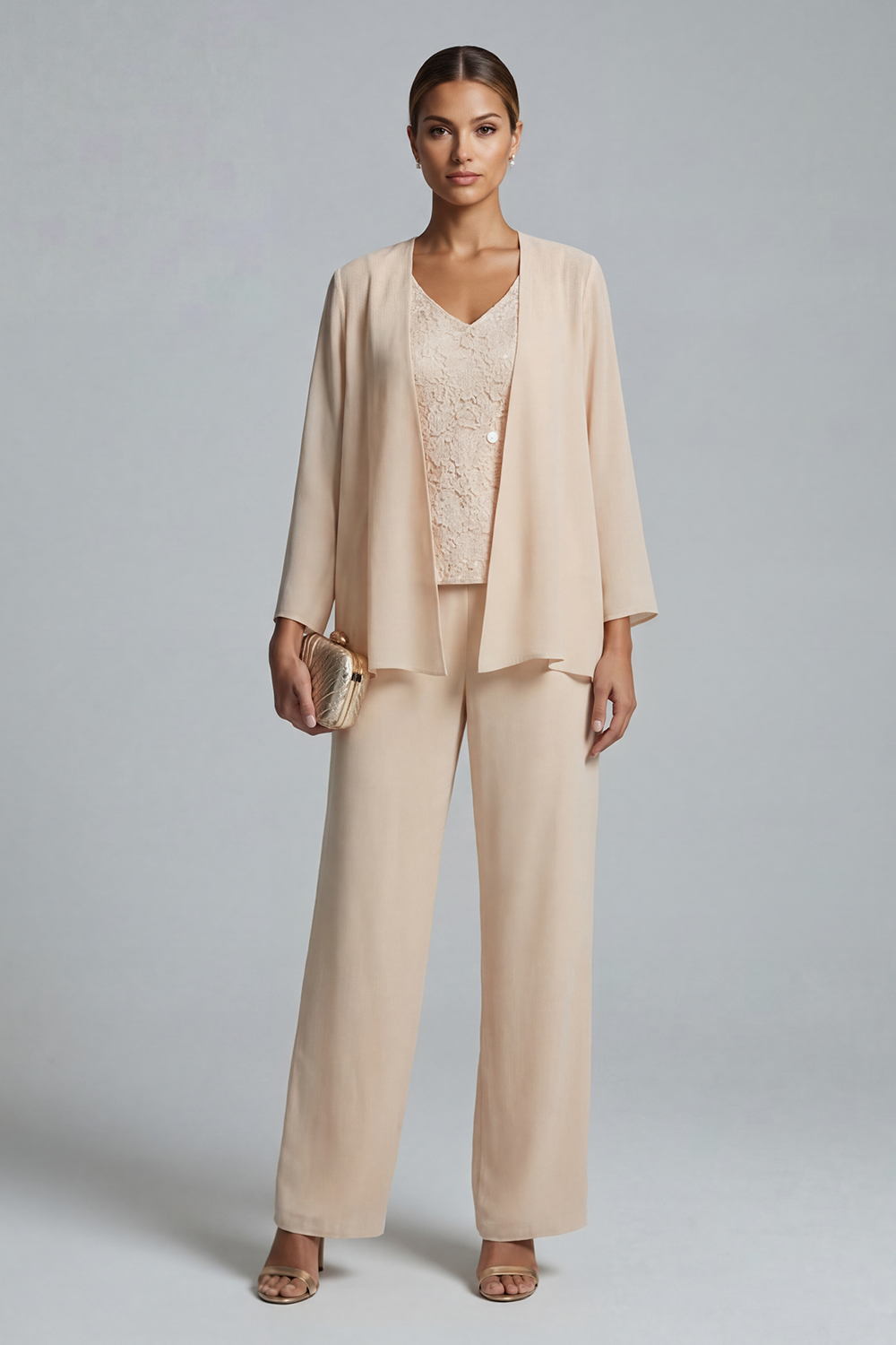 Champagne Chiffon V-Neck 3 Piece Mother of the Bride Pant Suits with Lace