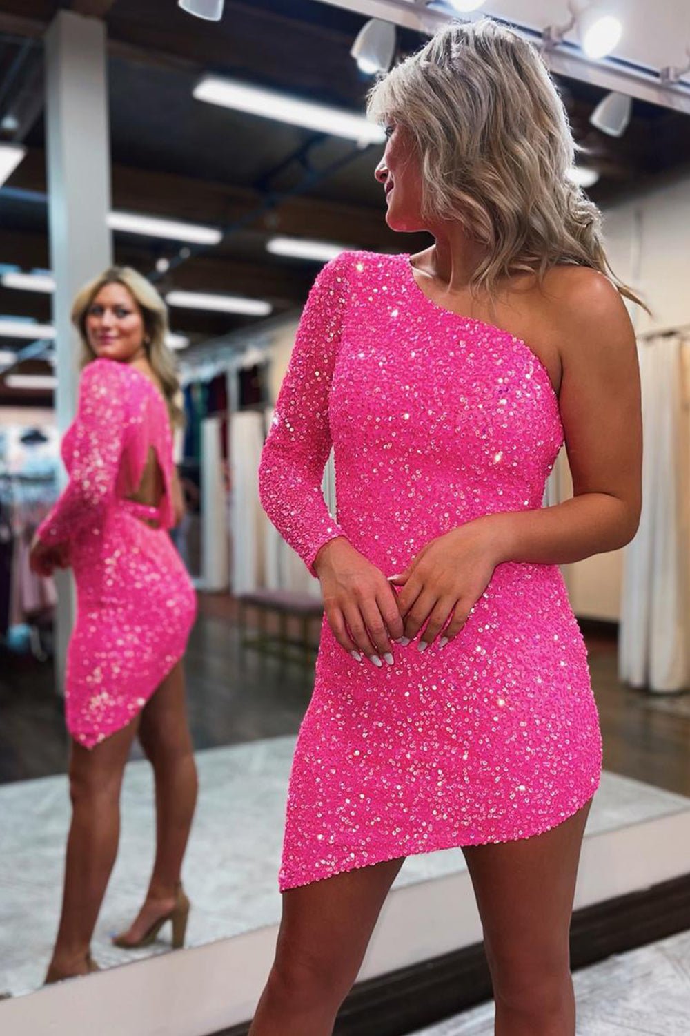 Sparkly Hot Pink One Shoulder One Sleeve Tight Homecoming Dress with Fringes