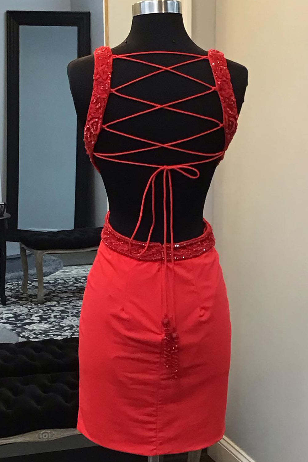 Sparkly Red Lace-Up Back Cut Out Tight Short Homecoming Dress with Sequins