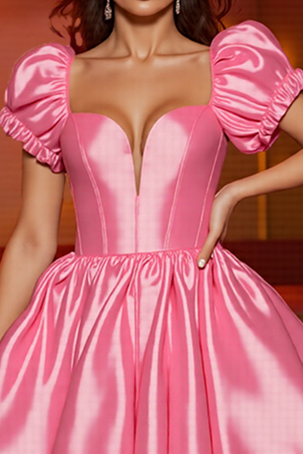 Pink Corset A Line Satin Short Homecoming Dress with Puff Sleeves