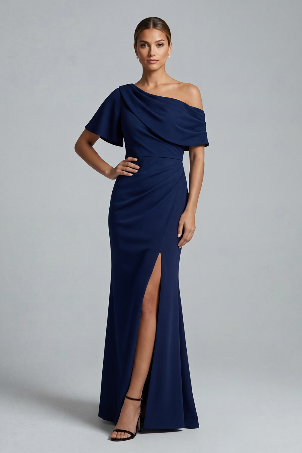 Navy One Shoulder Mermaid Long Mother of the Bride Dress with Slit