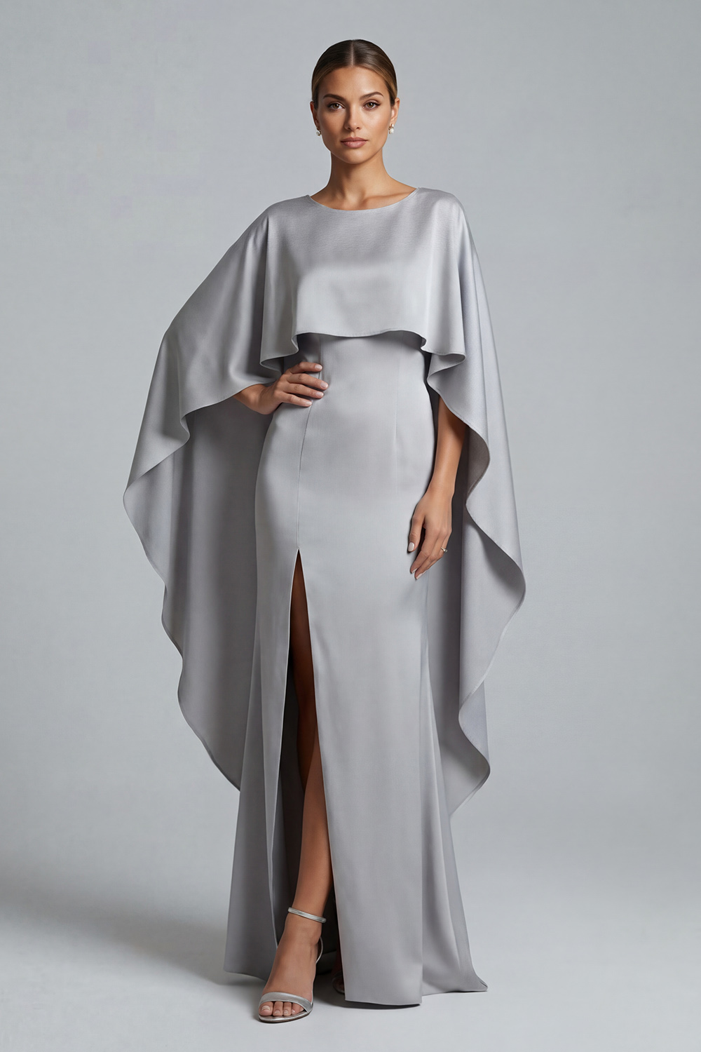Grey Mermaid Boat Neck Satin Long Mother of the Bride Dress with Cape