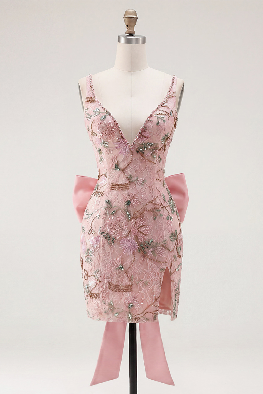 Sparkly Pink Floral V-Neck Beaded Tight Short Homecoming Dress with Bow