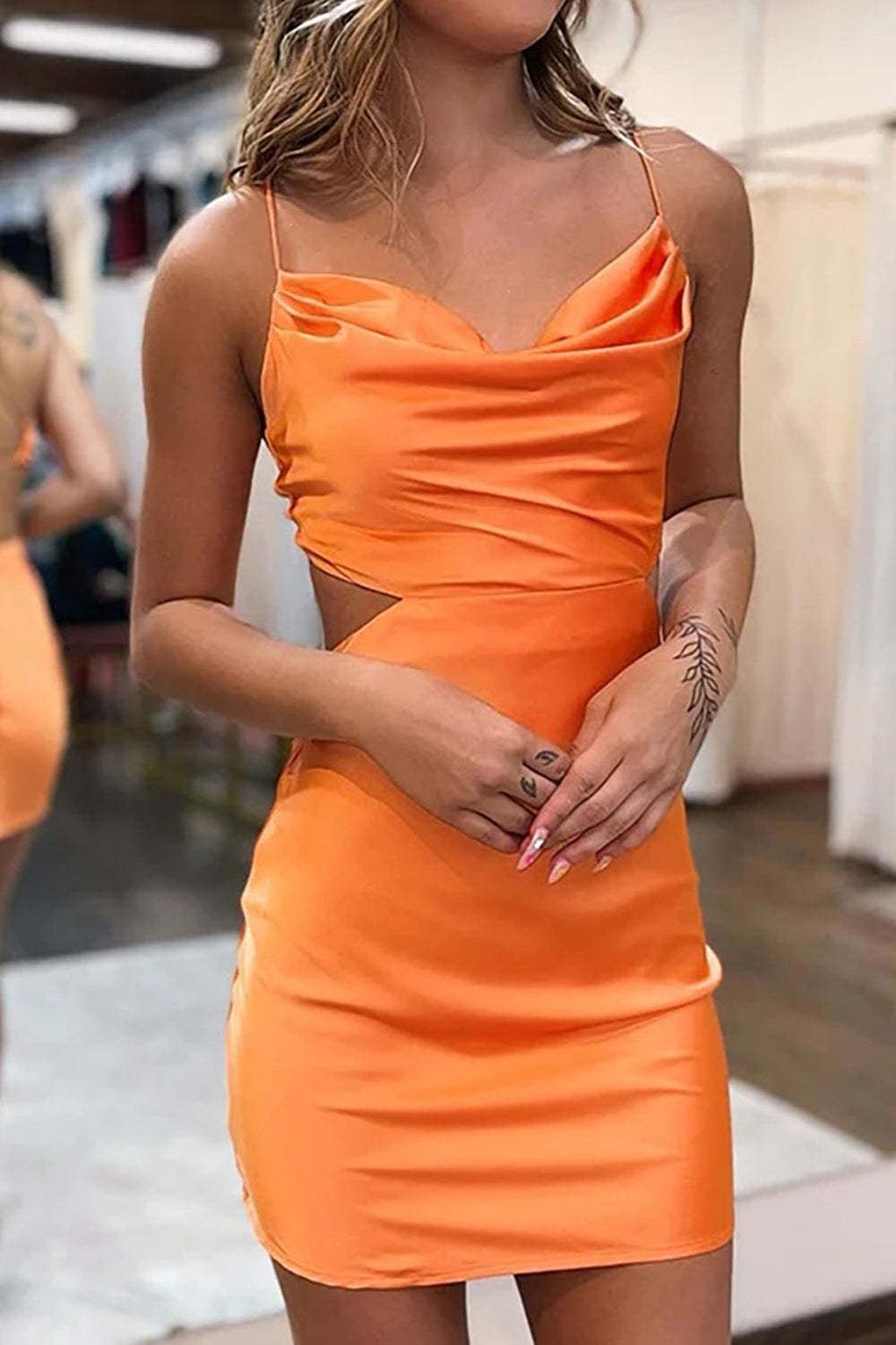 Orange Open Back Ruched Tight Homecoming Dress