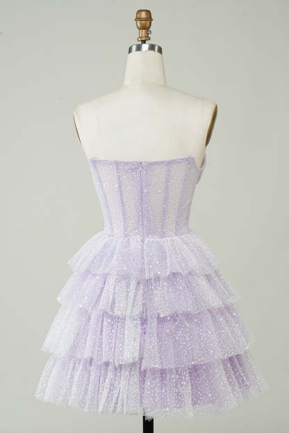 Lilac Corset A-Line Short Tulle Tiered Homecoming Dress