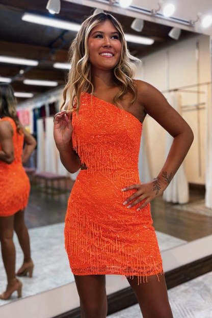 Sparkly Orange One Shoulder Sequins Cut Out Short Homecoming Dress with Fringes