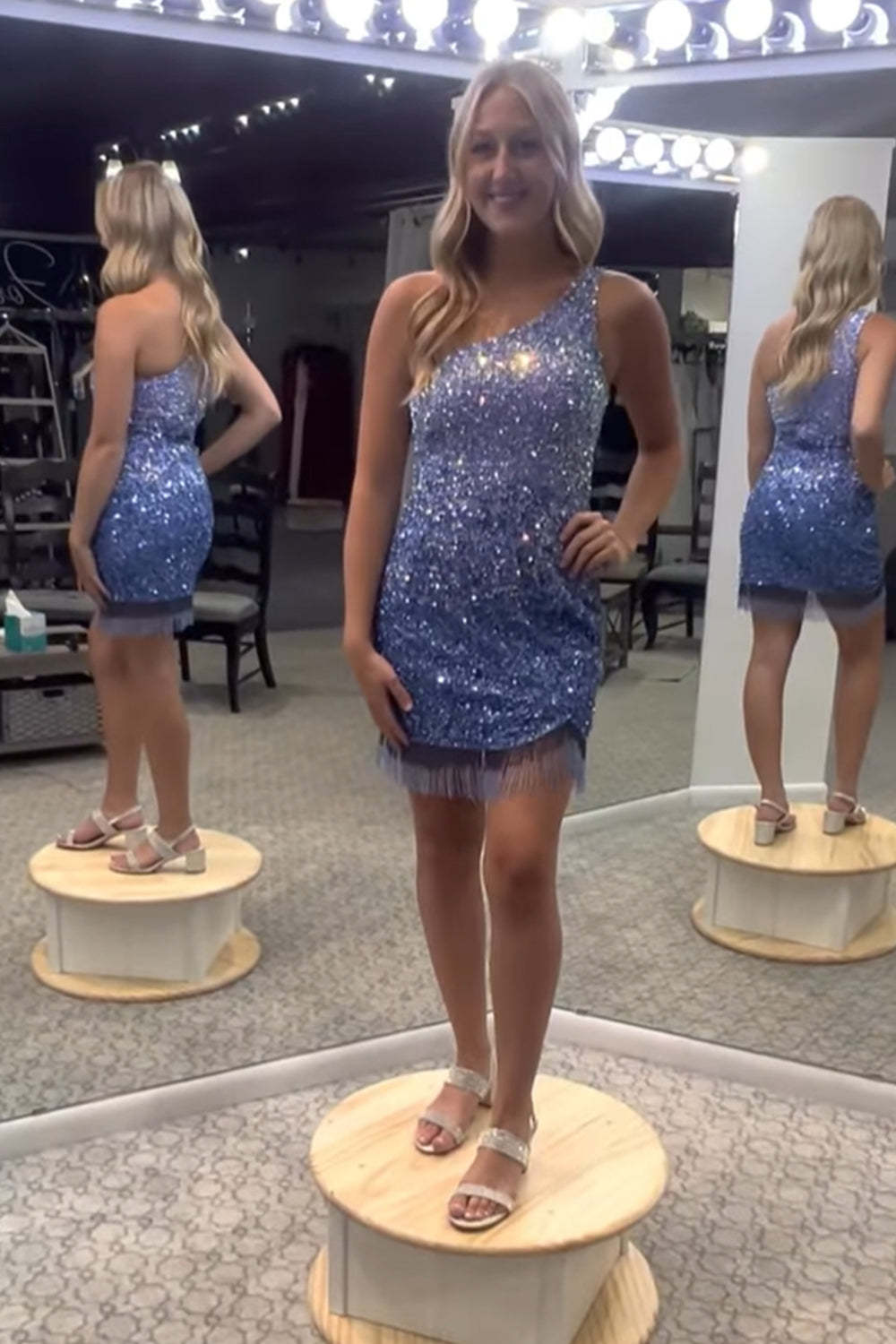 Sparkly Blue Sequined One Shoulder Tight Short Homecoming Dress with Fringes