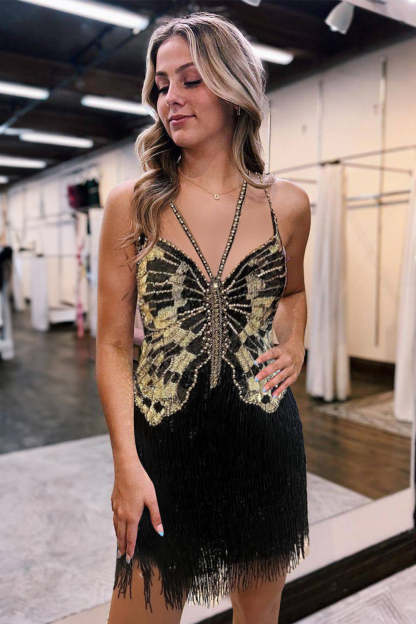 Sparkly Black Sequined Beaded Backless Tight Short Homecoming Dress with Fringes