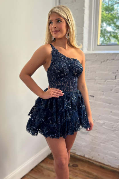 Sparkly Navy Tiered Lace One Shoulder Short Homecoming Dress