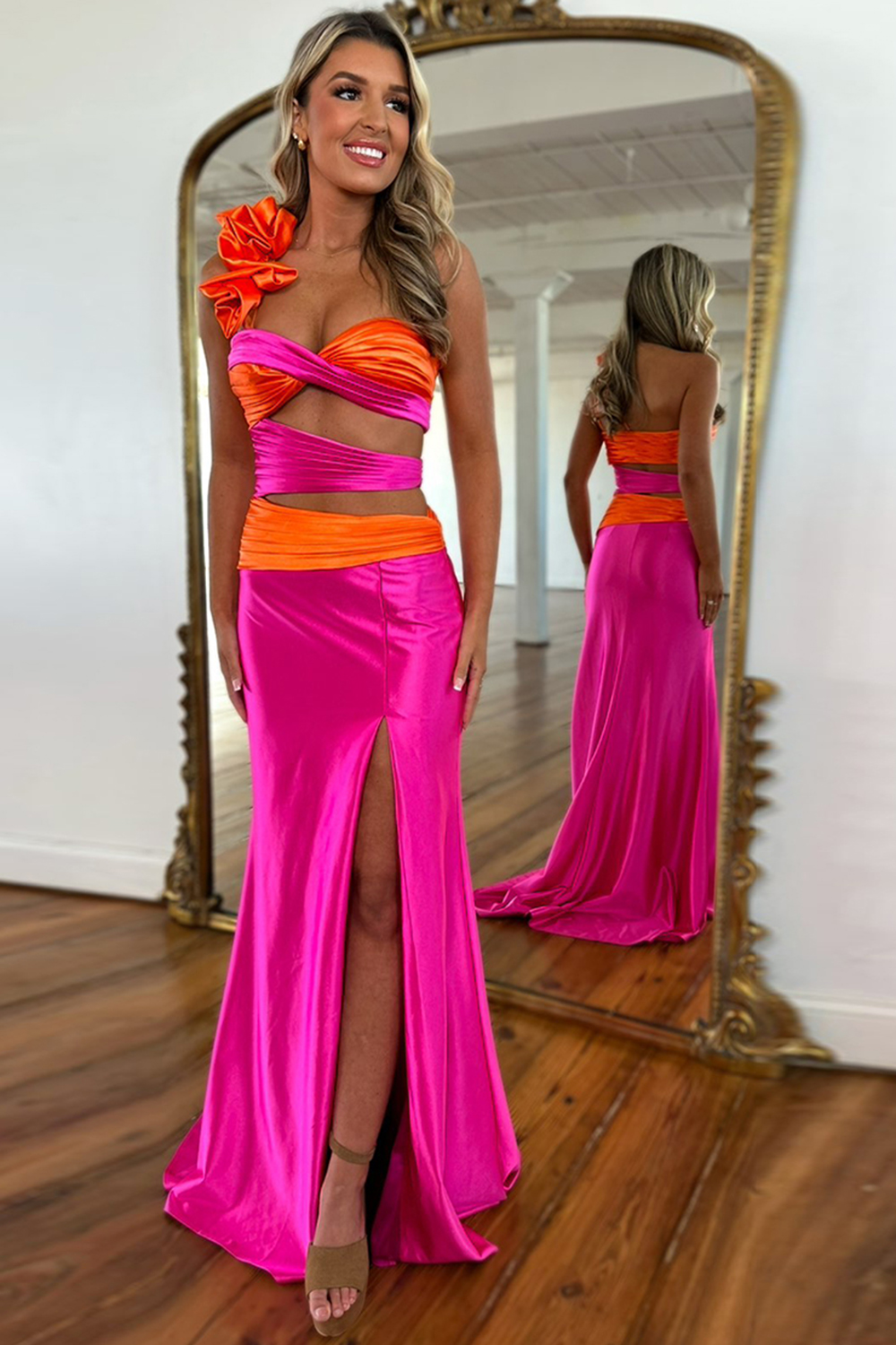 One Shoulder Fuchsia Cut Out Satin Long Prom Dress with Slit