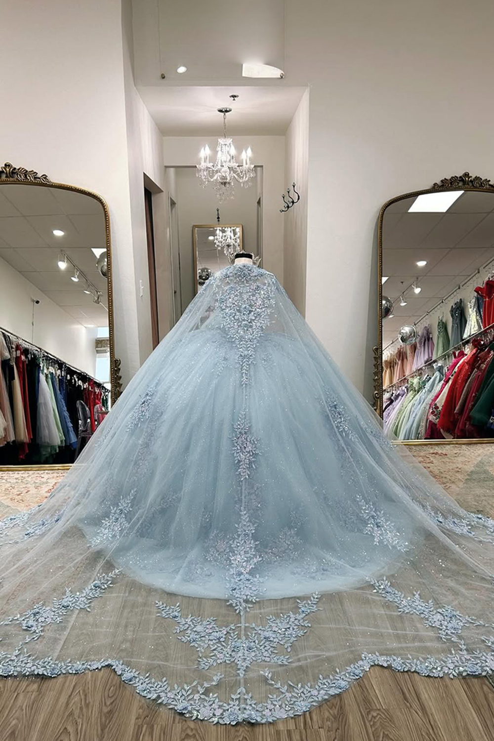 Sparkly Blue Sweetheart Corset Ball Gown Beaded Floral Quinceanera Dress with Appliques