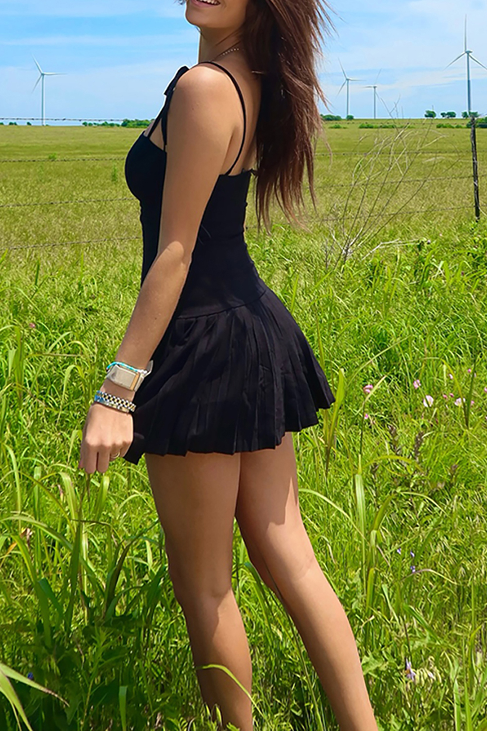 Black A Line Pleated Corset Spaghetti Straps Mini Dress