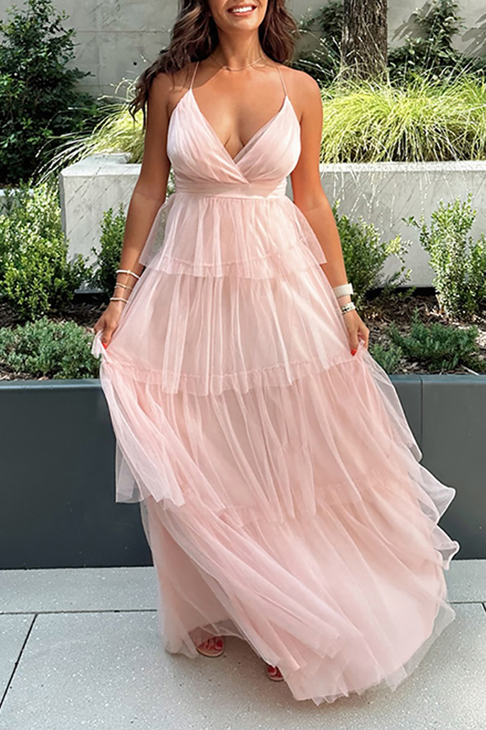 Blush Tulle Halter Tiered A Line Maxi Dress with Ruffles
