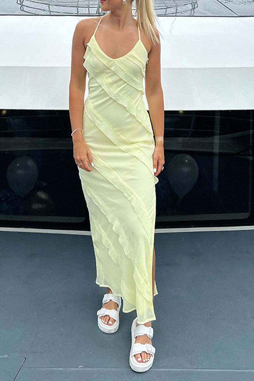 Yellow Halter Sheath Maxi Dress with Ruffles