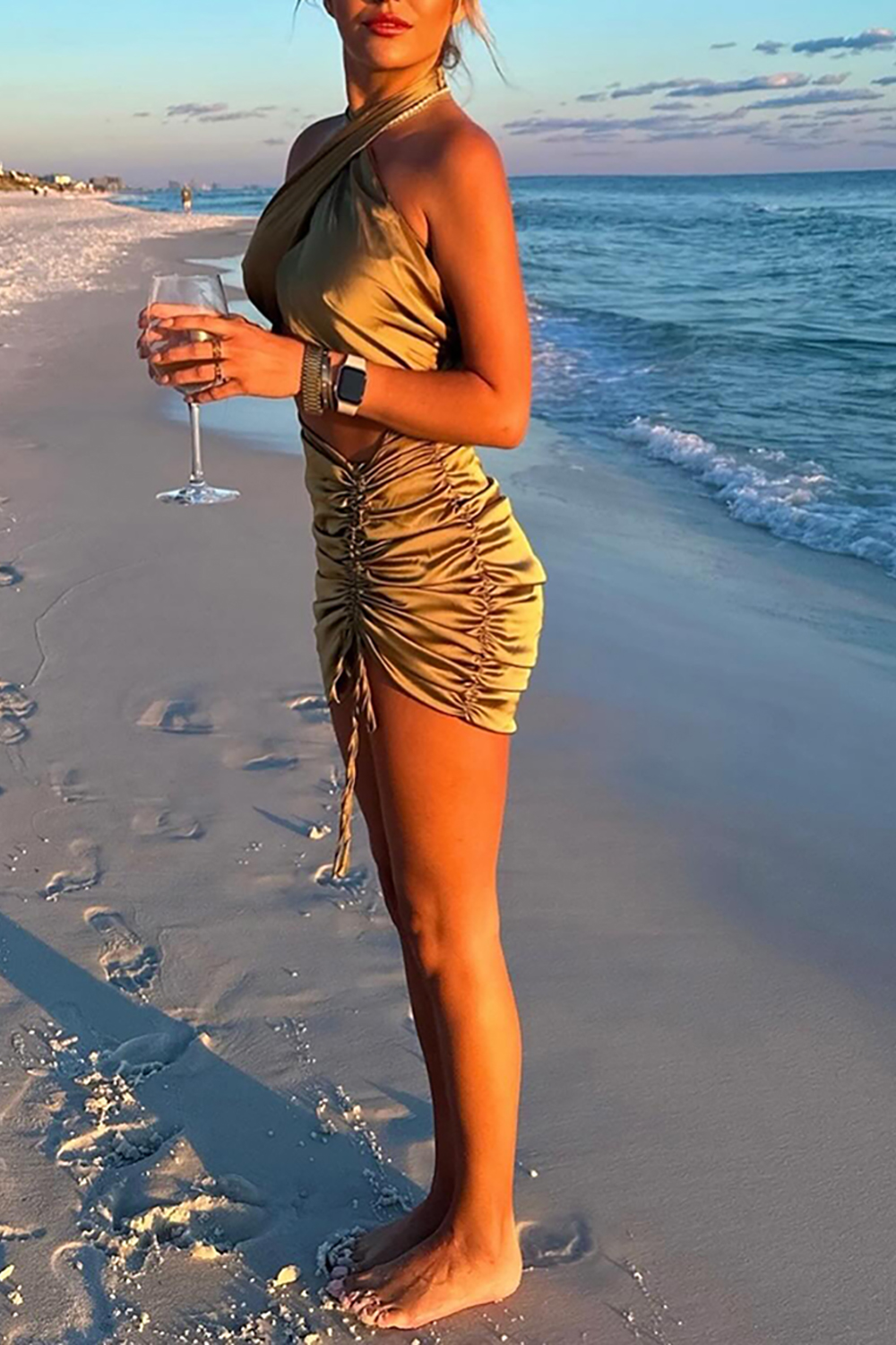 Gold Halter Ruched Bodycon Cut Out Mini Dress