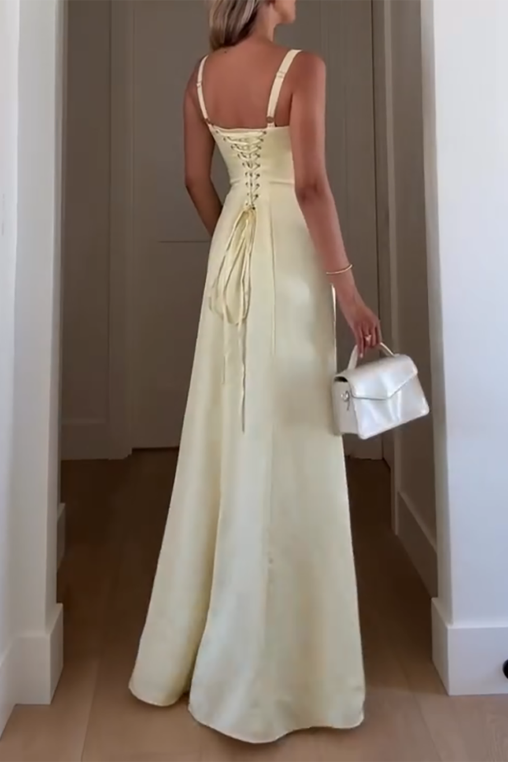 Yellow Corset Satin Thick Straps Sheath Maxi Dress