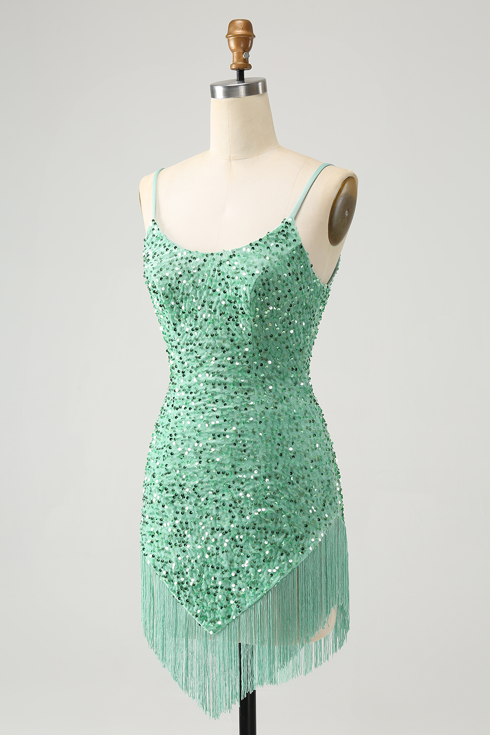 Sparkly Sage Sequins Halter Tight Short Homecoming Dress With Fringes