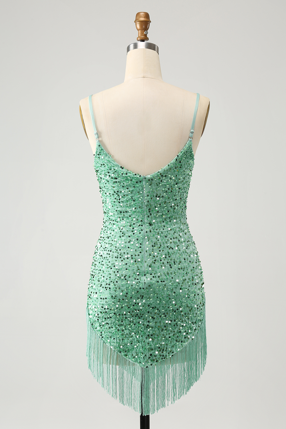 Sparkly Sage Sequins Halter Tight Short Homecoming Dress With Fringes