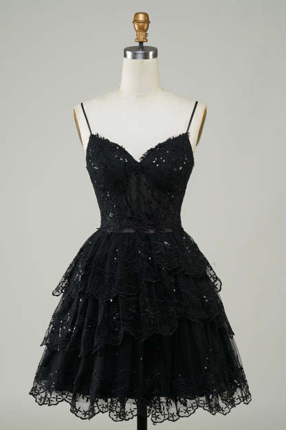 Sparkly Dark Blue Corset Top Spaghetti Straps A-Line Lace Short Homecoming Dress