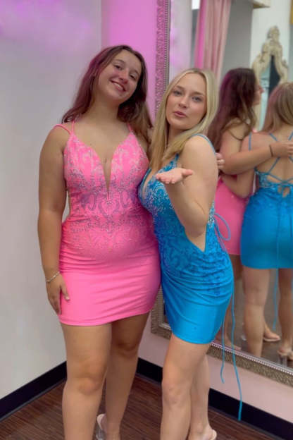 Sparkly Hot Pink Sequined Satin Tight Short Homecoming Dress