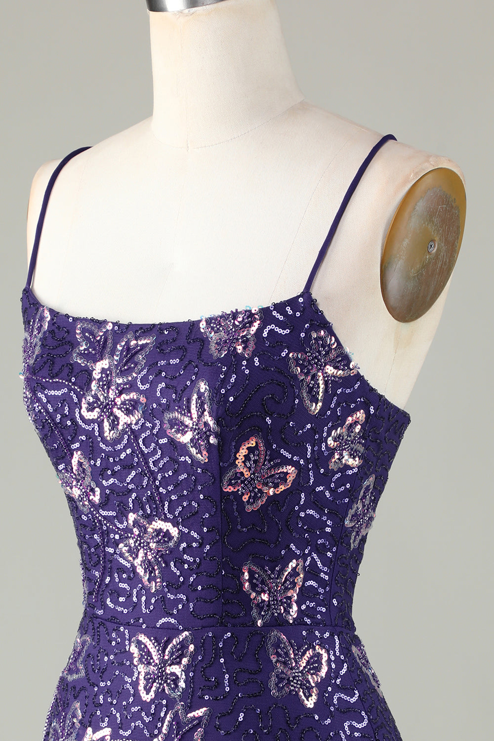 Glitter Purple Beaded Sequins Tight Short Butterflies Homecoming Dress