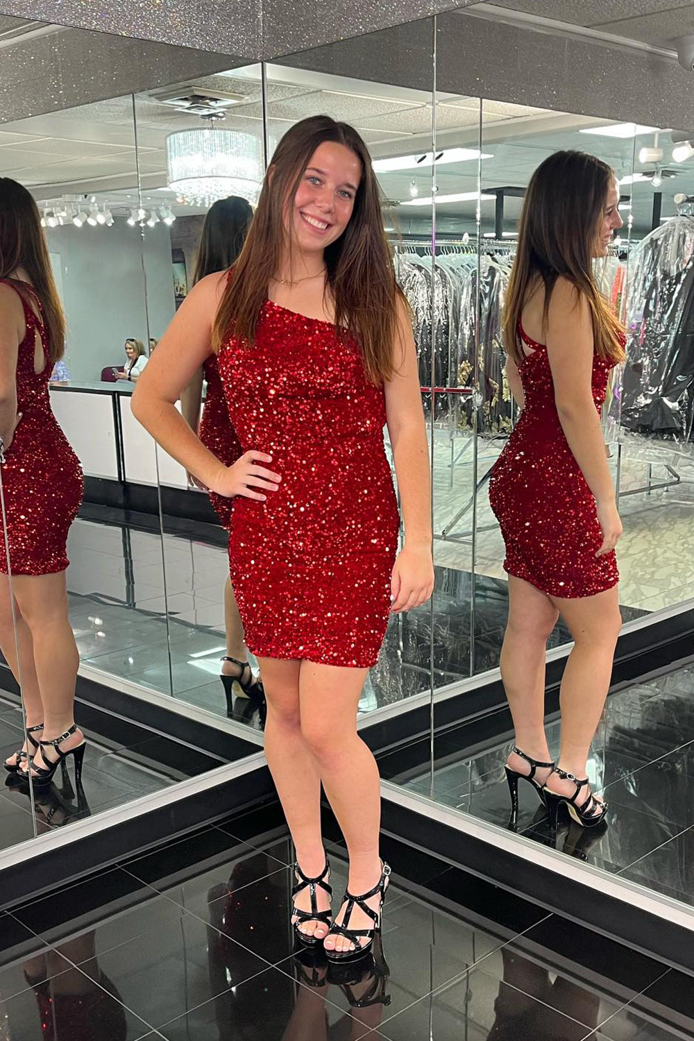 Fuchsia Sequins One Shoulder Homecoming Dress
