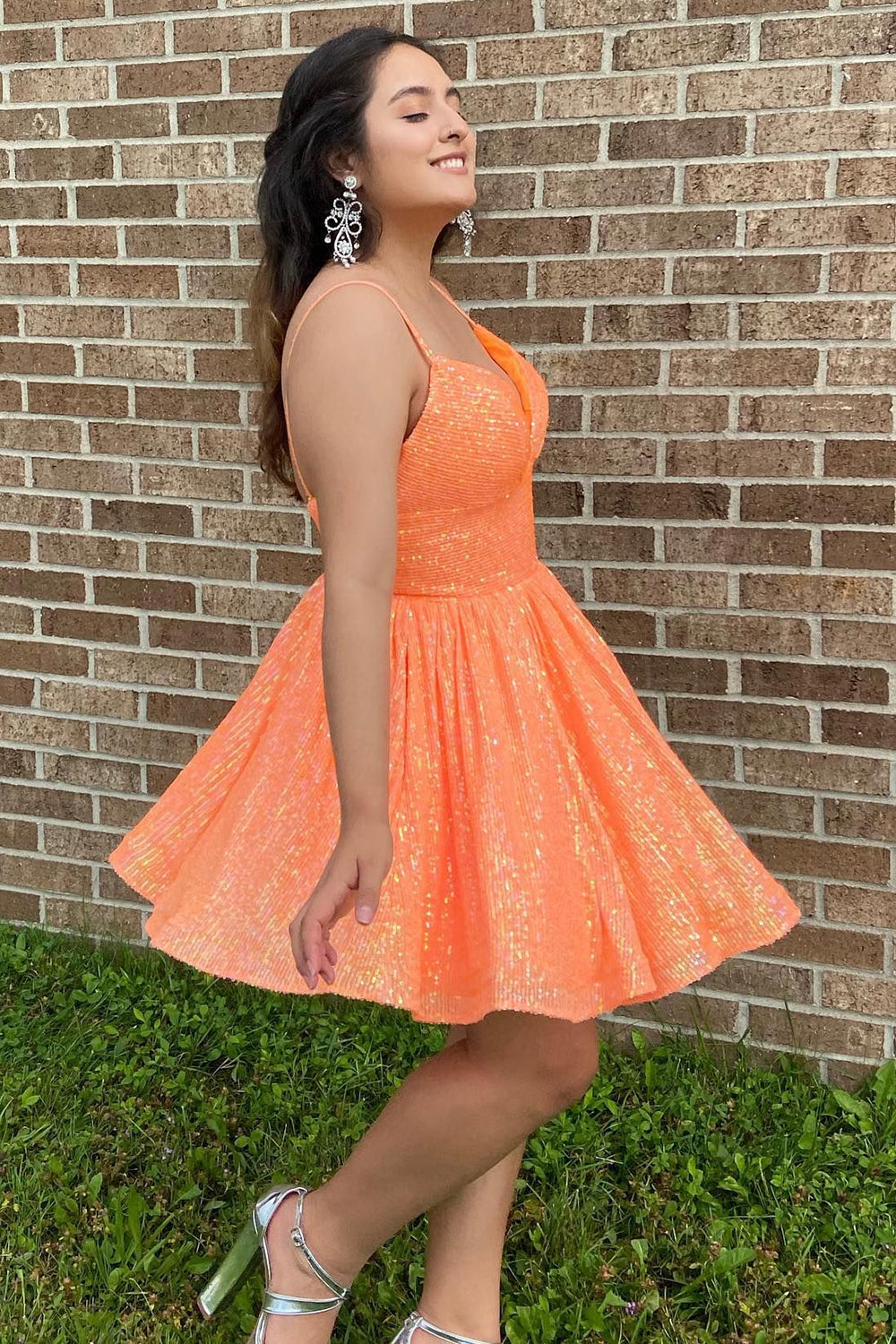 Sparkly Orange Sequins A-Line Short Homecoming Dress with Pockets