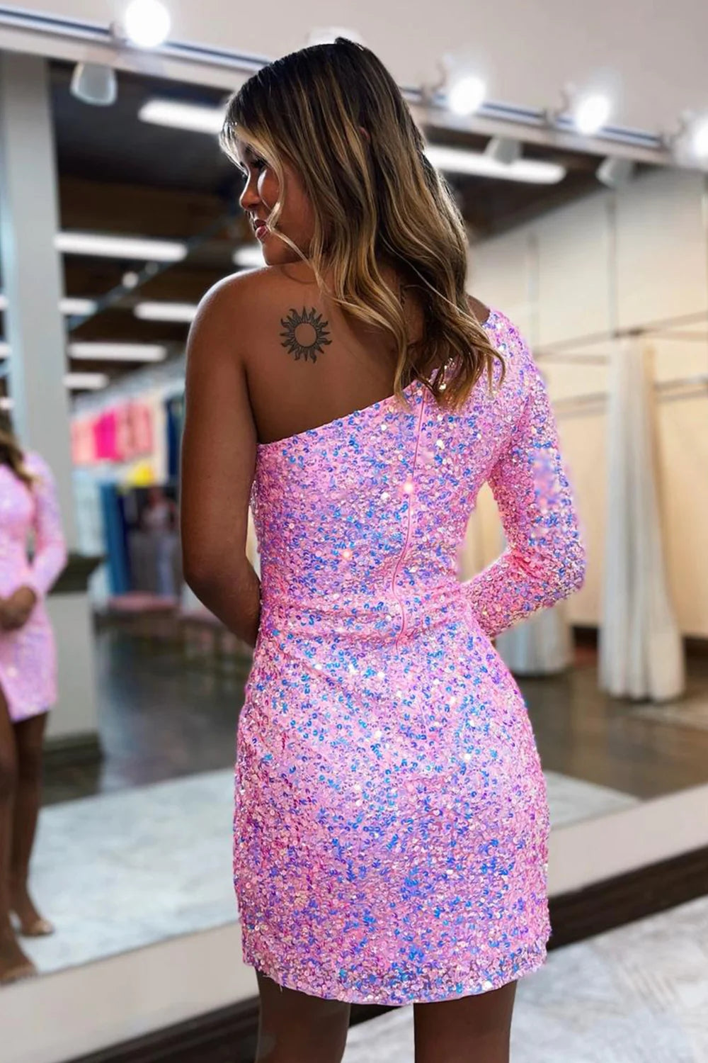 Sparkly Pink Sequined One Shoulder One Sleeve Tight Short Homecoming Dress with Slit