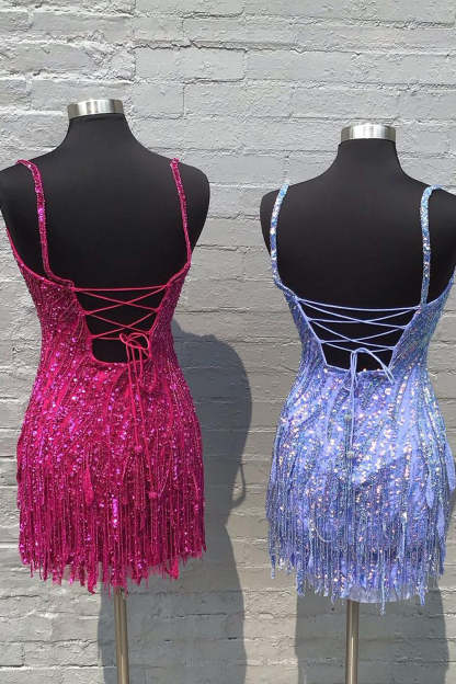 Sparkly Blue Spaghetti Straps Sequins Tight Short Hoco Dress with Fringes