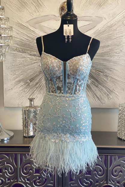 Light Blue Corset Lace Tight Short Homecoming Dress with Feathers