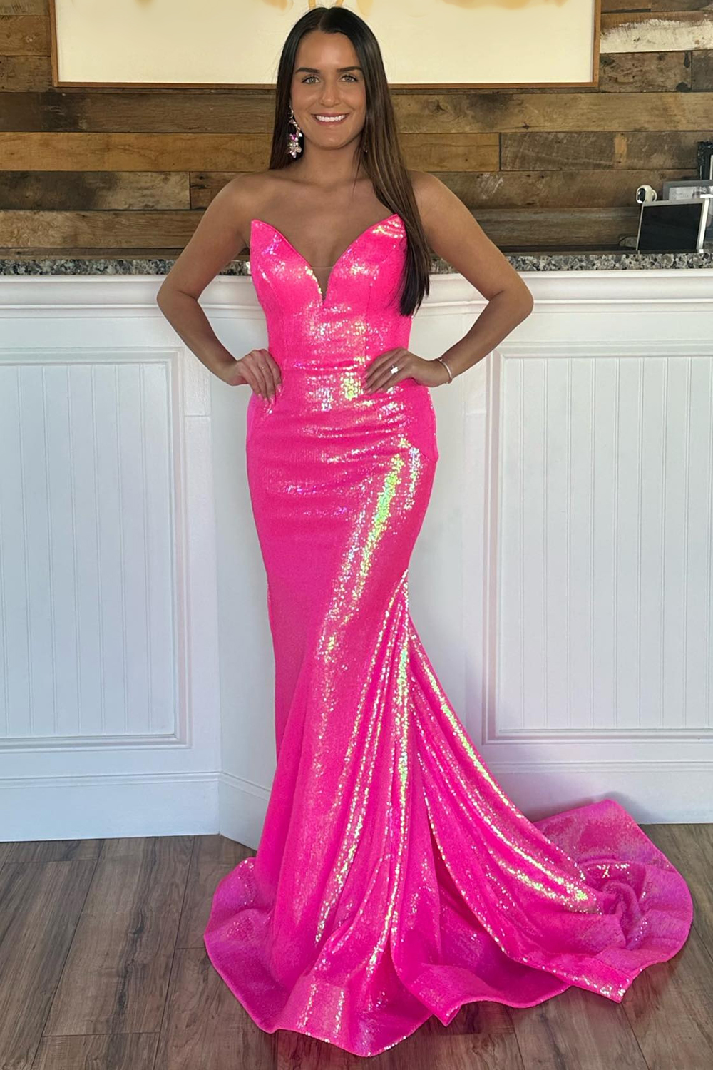 Sparkly Fuchsia Mermaid Sequin Long Prom Dress with Cape